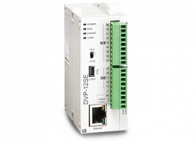 DVP12SE11R Контроллер: 8DI, 4DO (Relay), 24V DC Power, 2 шины расширения, USB, поддержка Modbus TCP и Ethernet/IP